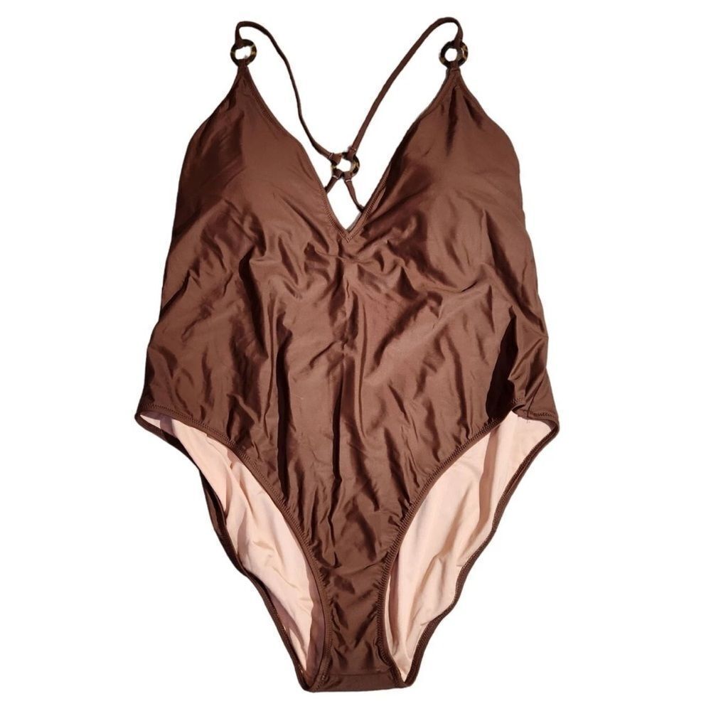 J. Crew Brown O-ring V-neck One Piece Bathing Suit NWTs Women's Size 22